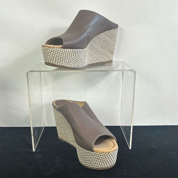 Anthropologie Taupe High Woven Wedge Platforms - Picture 1 of 8
